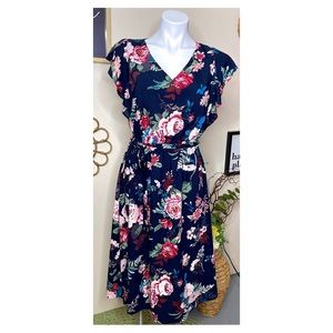 LOFT Navy Blue Floral V Neck Cap Sleeve Tie Waist A-Line Midi Dress